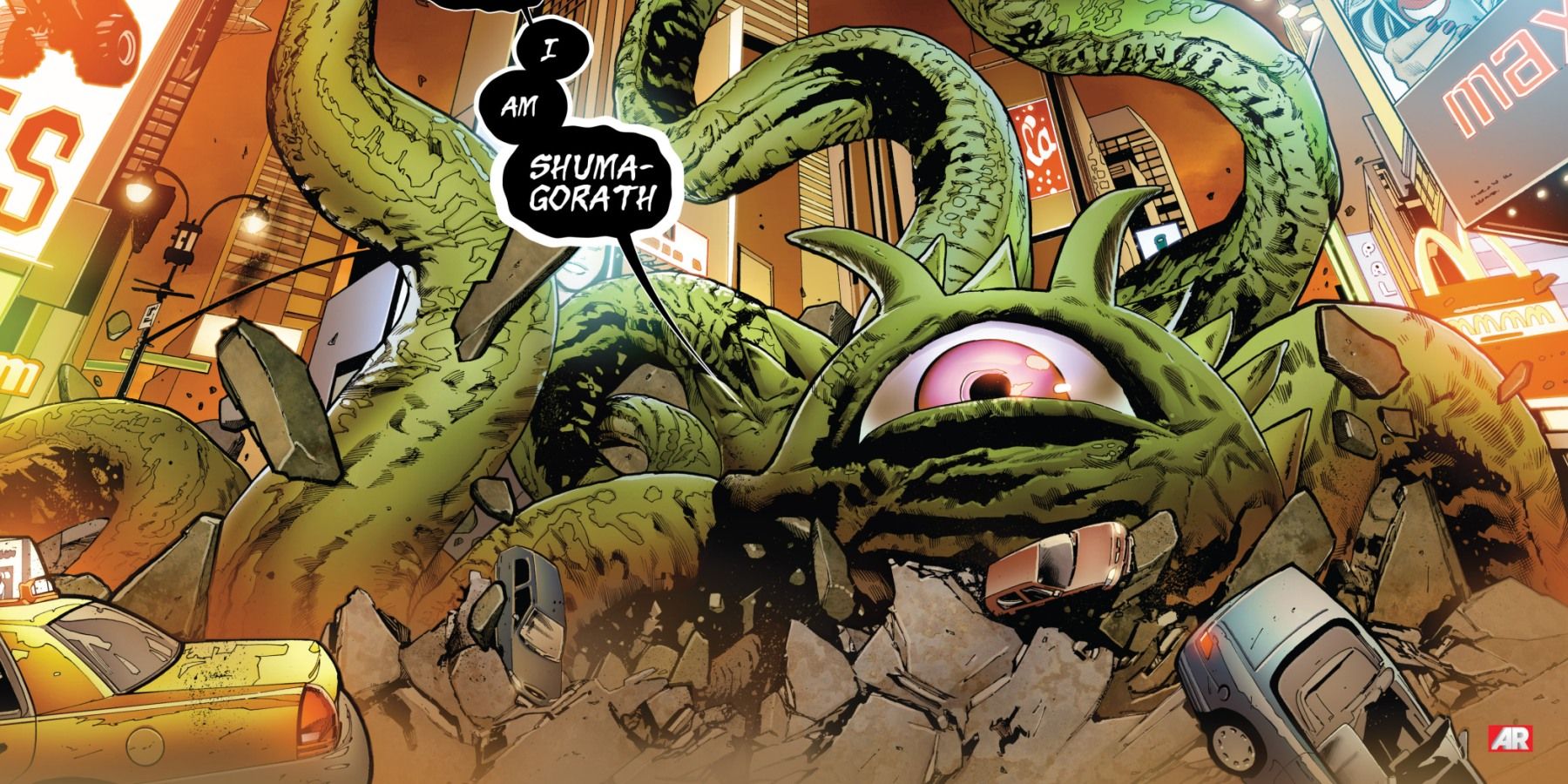 Shuma Gorath from Mighty Avengers vol 2 in the middle of the street.