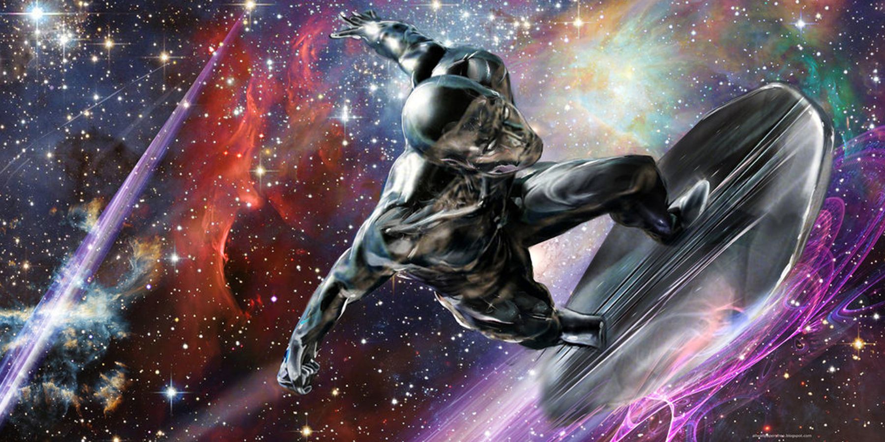 Silver Surfer flies his board through the stars in Marvel Comics