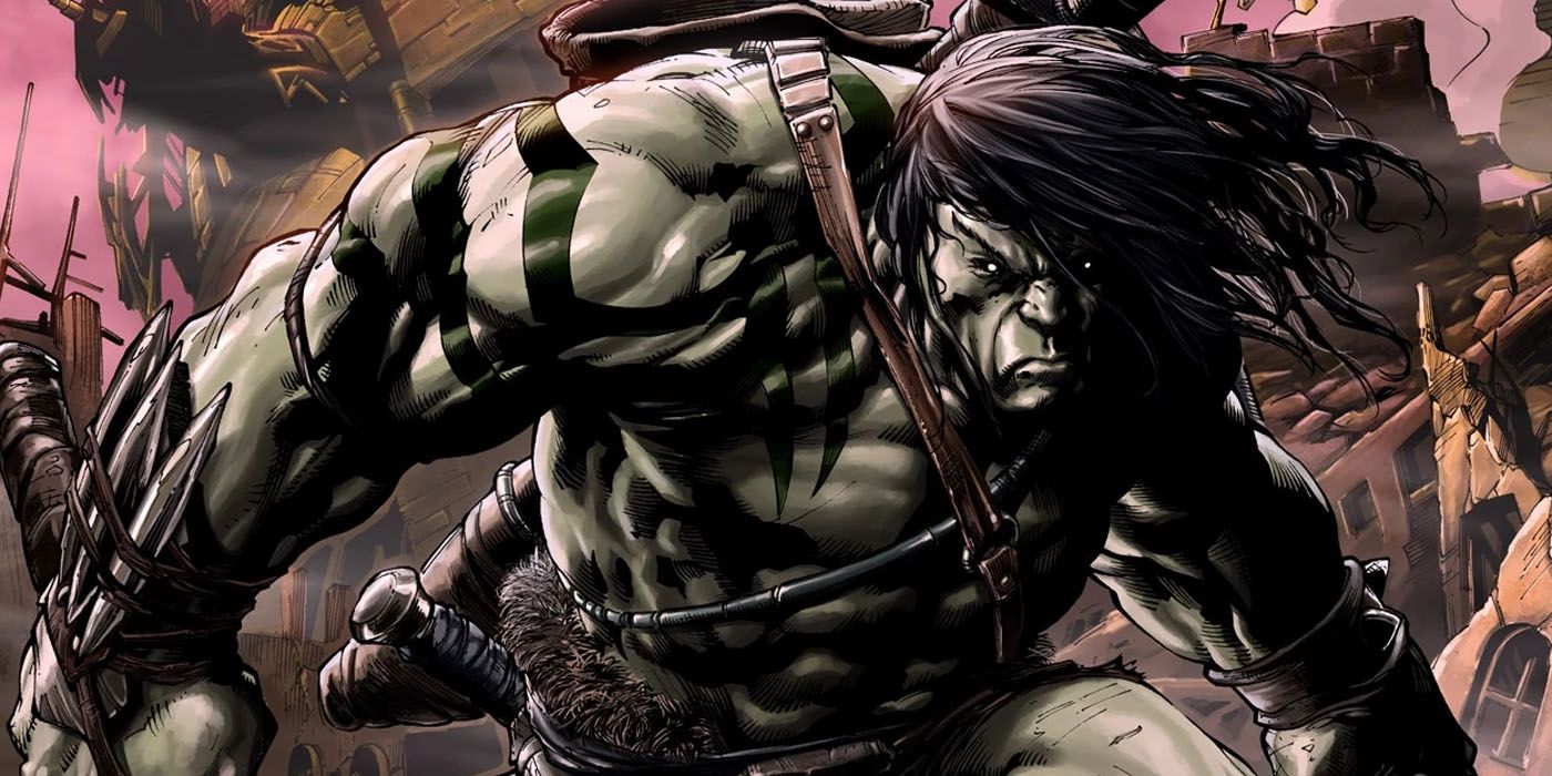 Skaar from Marvel Comics holding his weapons on a battlefield