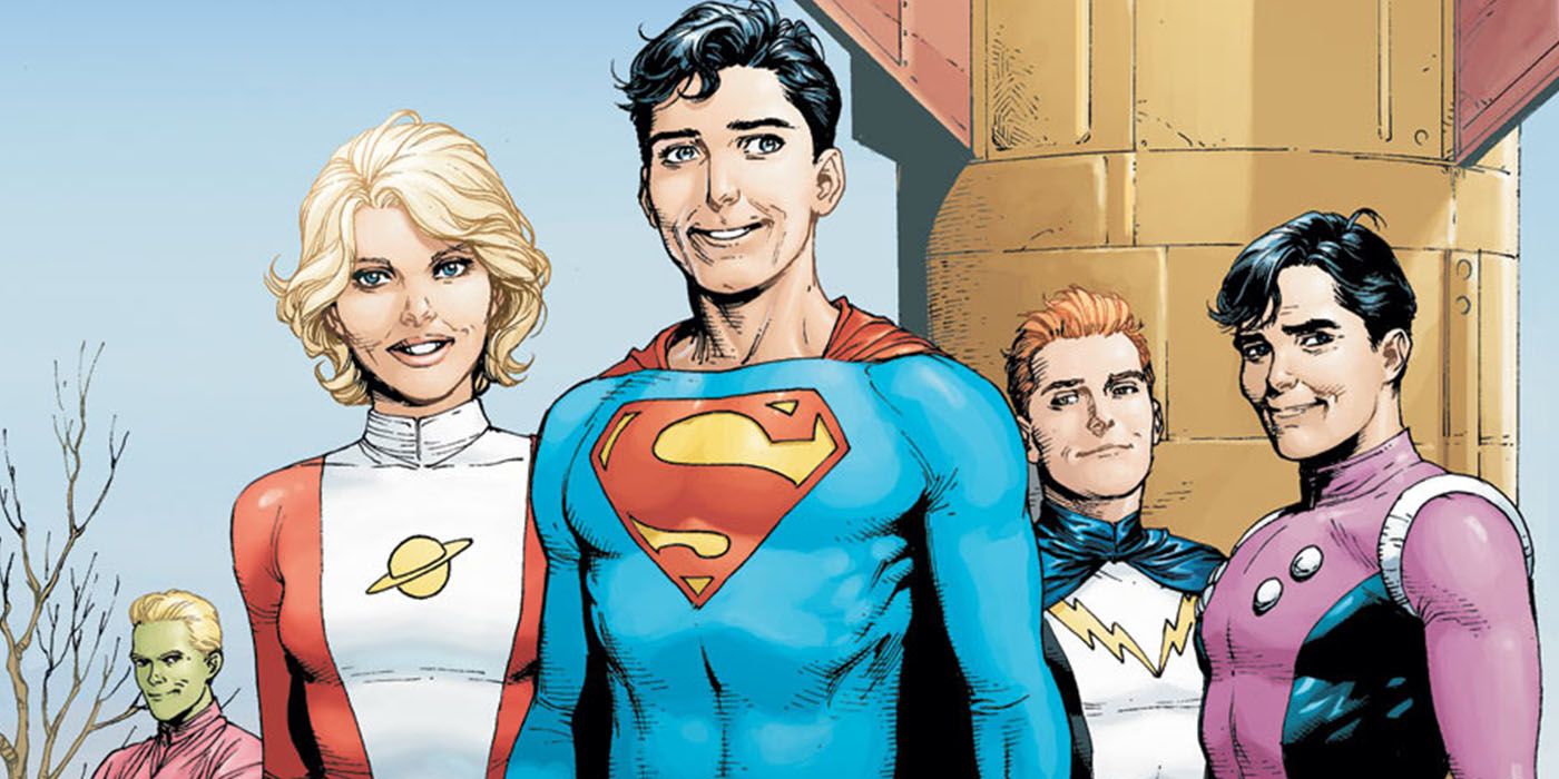 Chameleon Boy, Saturn Girl, Superboy, Lightning Lad, and Cosmic Boy stand together