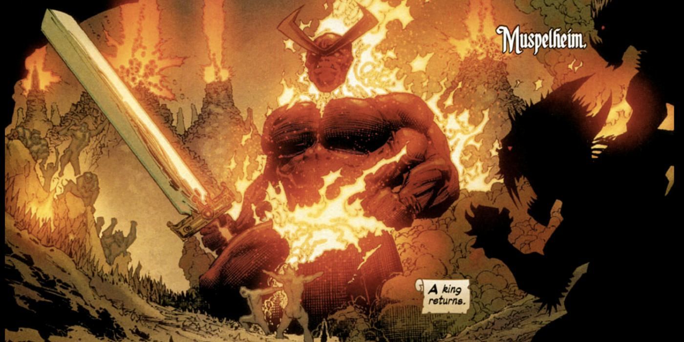 Surtur sitting on his throne in the realm of Muspelheim with the Twilight Sword