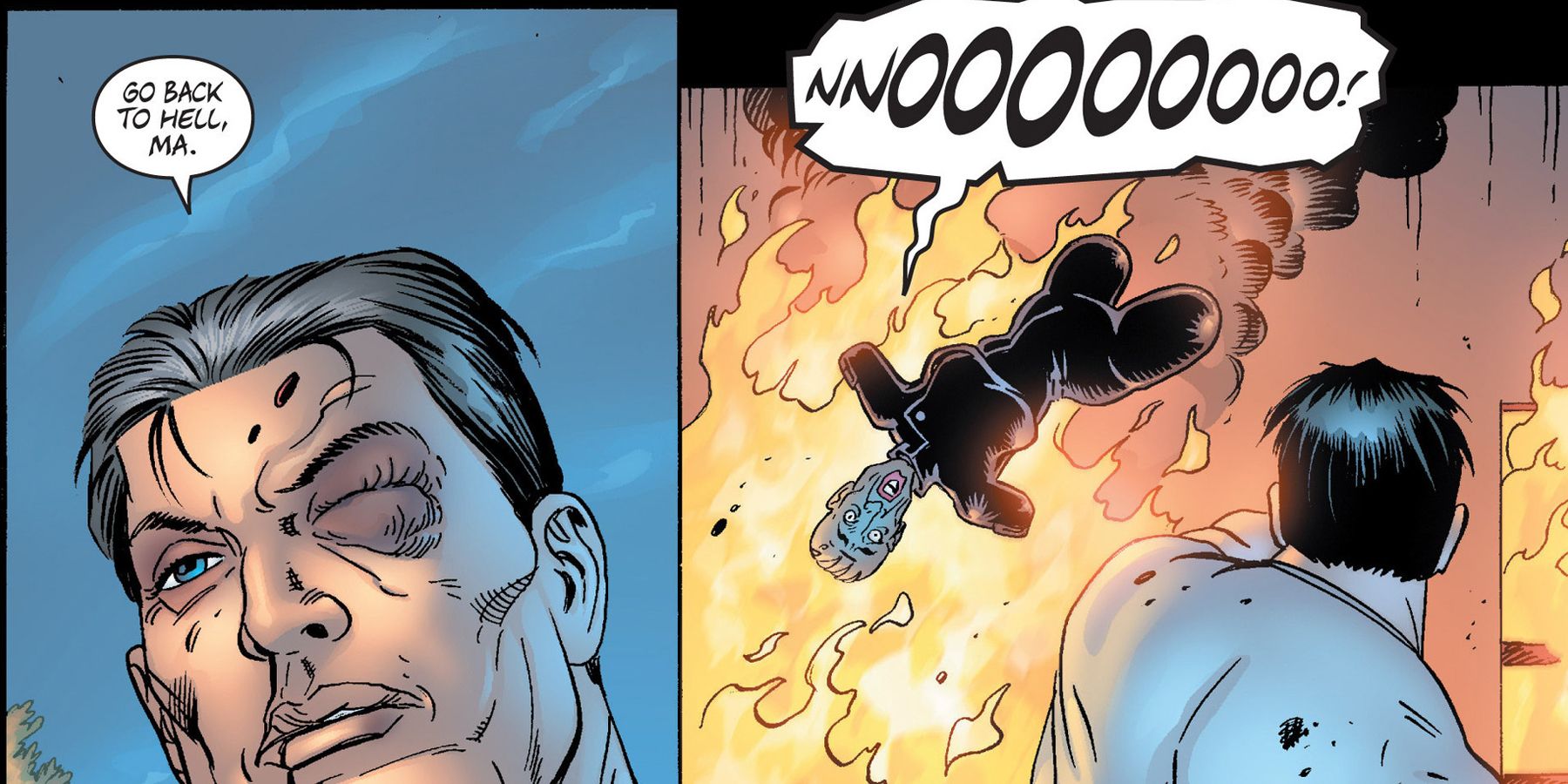 The Punisher Kicks Ma Gnucci Into A Fire in Marvel comics
