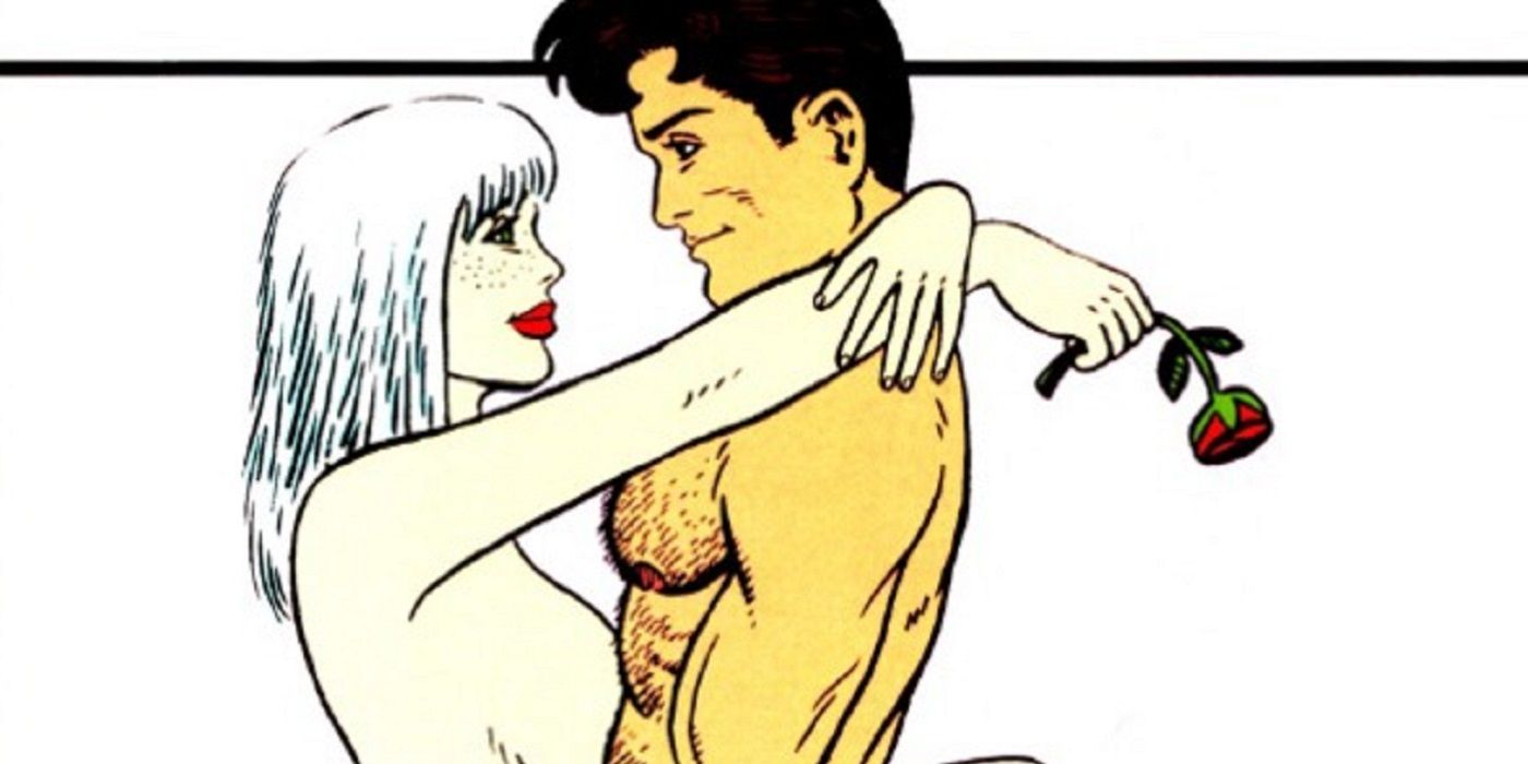 Two naked characters embrace on the cover for Fantagraphics Comics' Birdland
