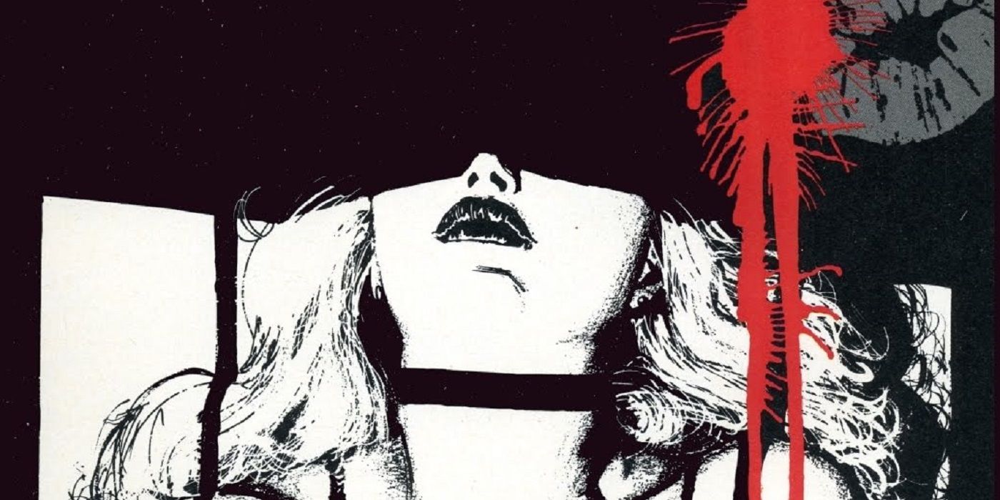 A black and white comic cover featuring a woman and, a kiss mark, and a red blood stain  Black Kiss