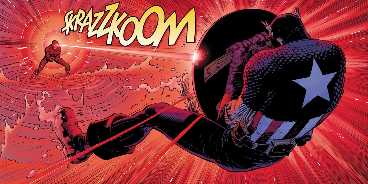 Captain America shields himself from Cyclops's optic blast in Marvel Comics