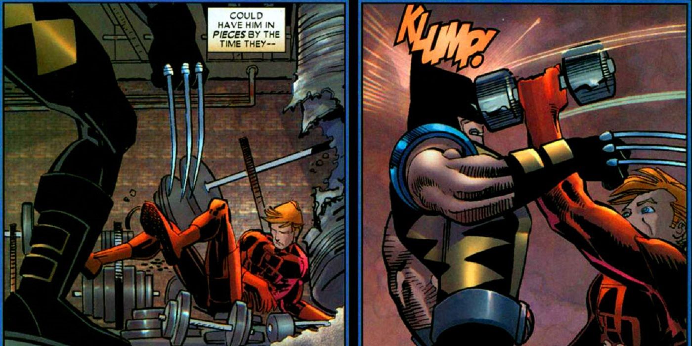 Daredevil fighting Wolverine and then smacking him in the head with a weight from Marvel Comics