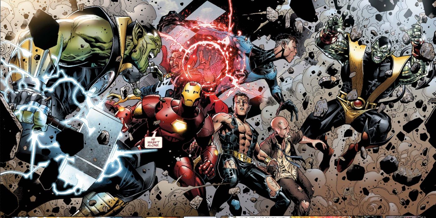 Marvel's Illuminati faces off against Super-Skrulls during Secret Invasion.