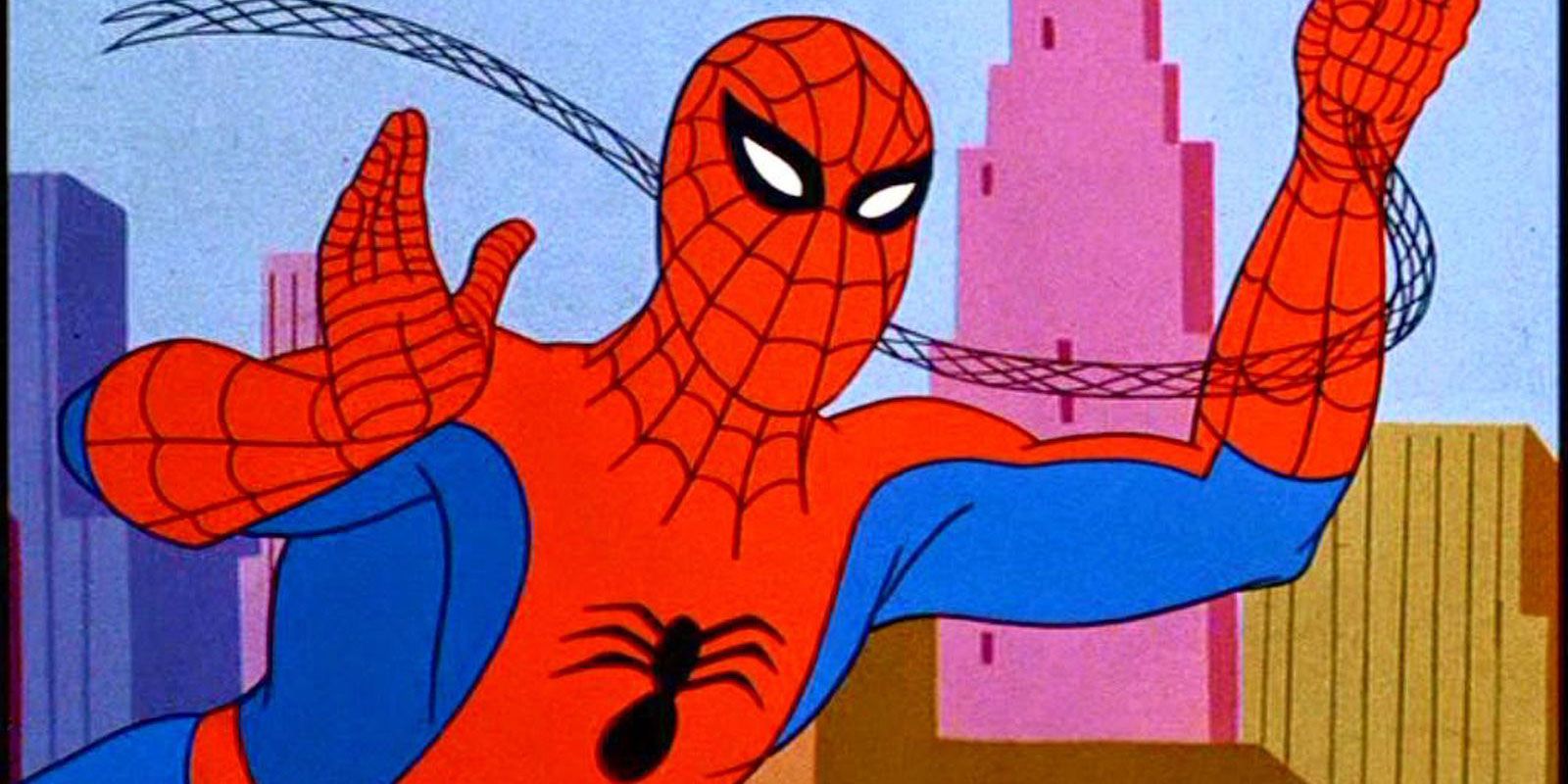 Spider-Man swings and waves to the viewer in the 67 animated series