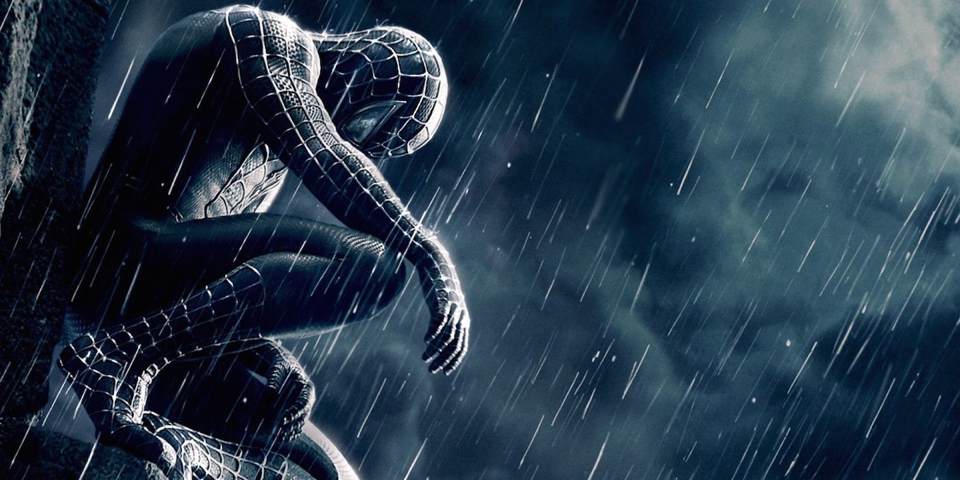 Tobey maguire wearing a black and white spider-man suit with city  background on Craiyon