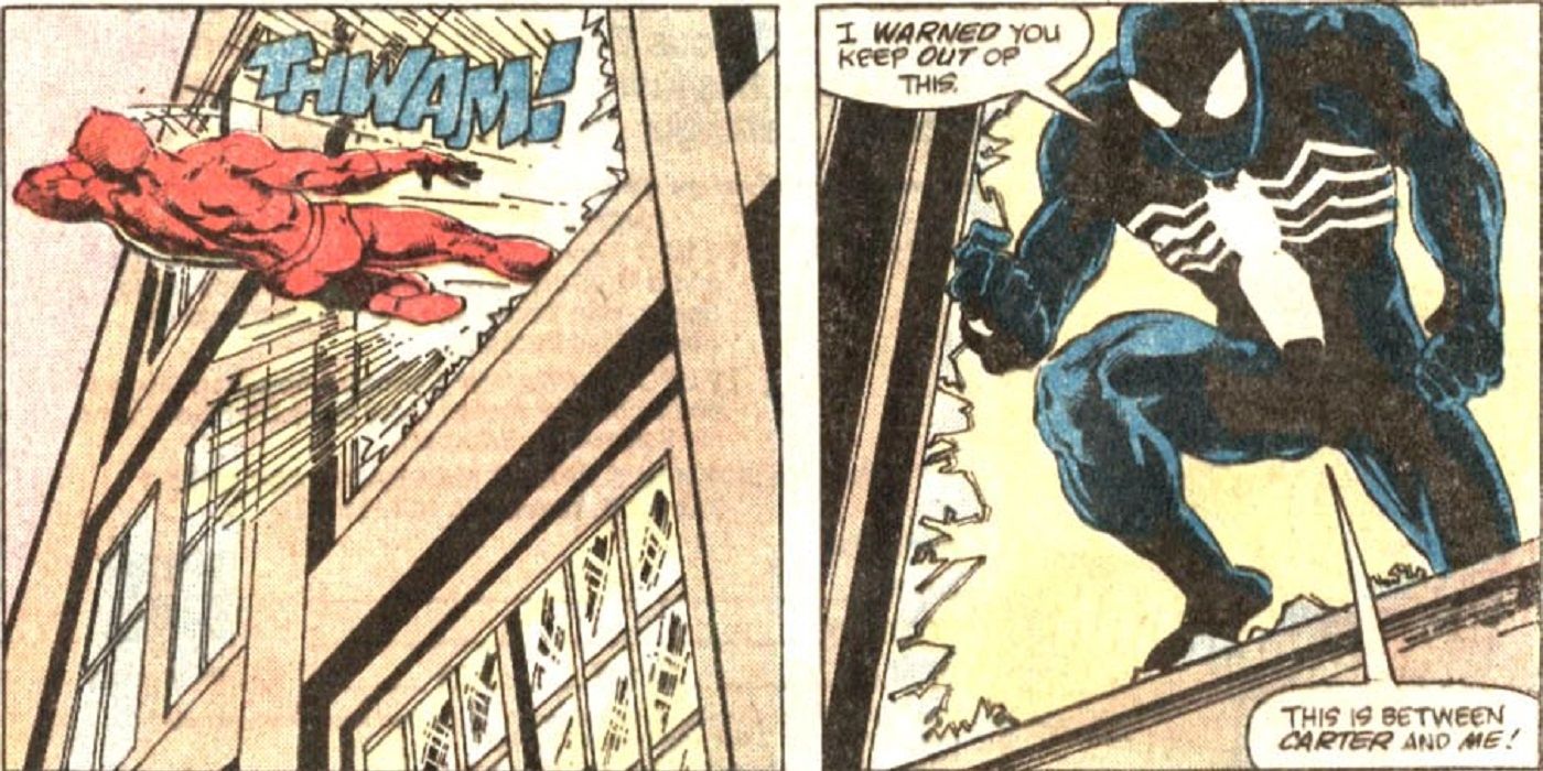 spider-man shoves daredevil out of a window 