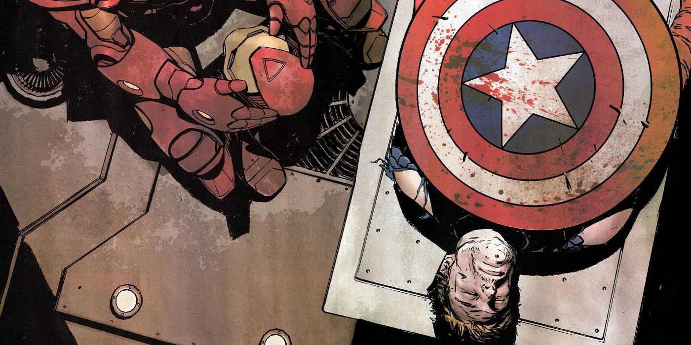 Iron Man looks over a dead Captain America 