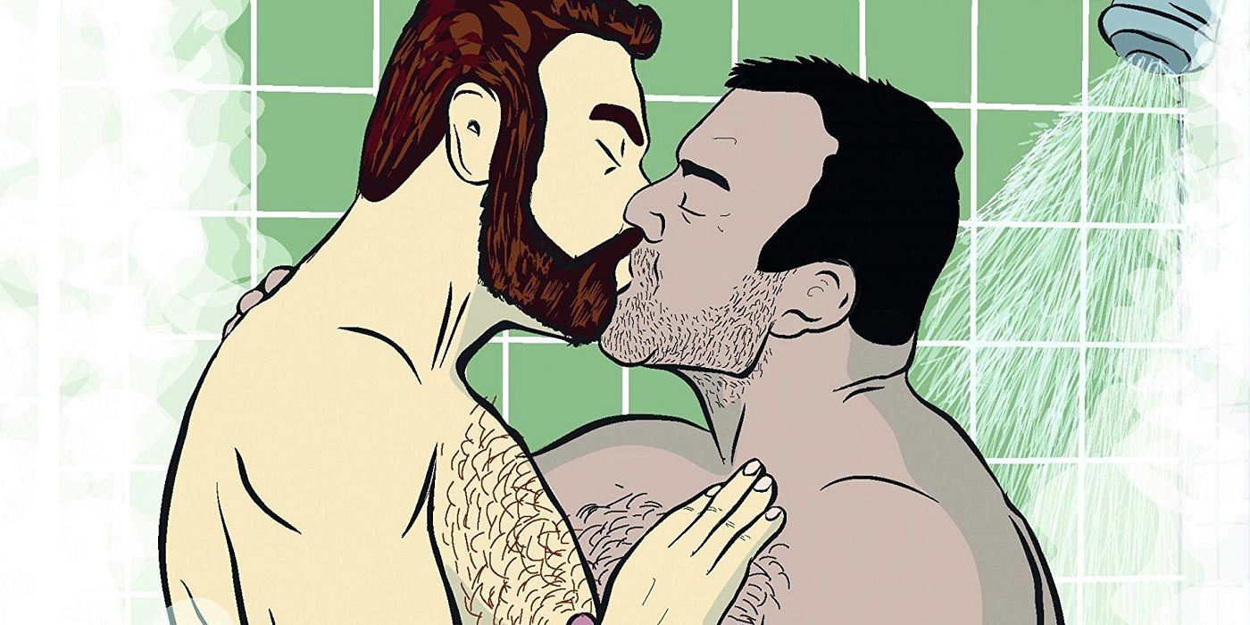 Two men kiss in a shower in the comic Sticky