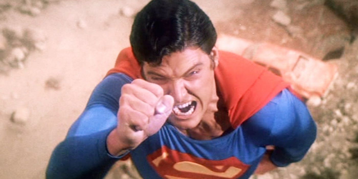 Superman taking off to fly in the 1978 film of the same name