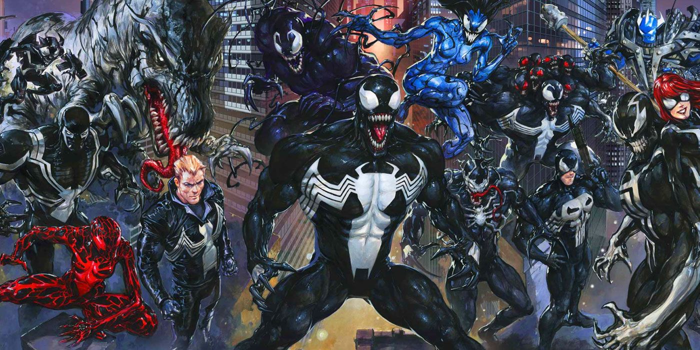 A massive collection of Venom-themed characters from Marvel Comics Venomverse event