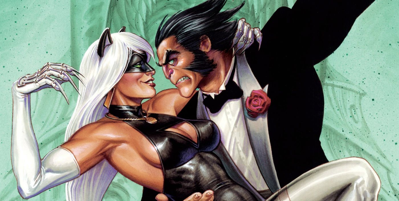 Wolverine and Black Cat dancing in formal wear but showing claws