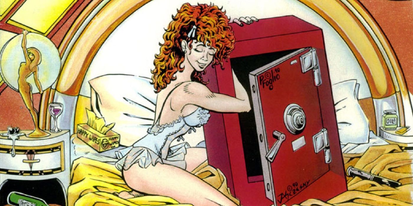 A woman sits on a bed next to a safe on the cover for XXXenophile