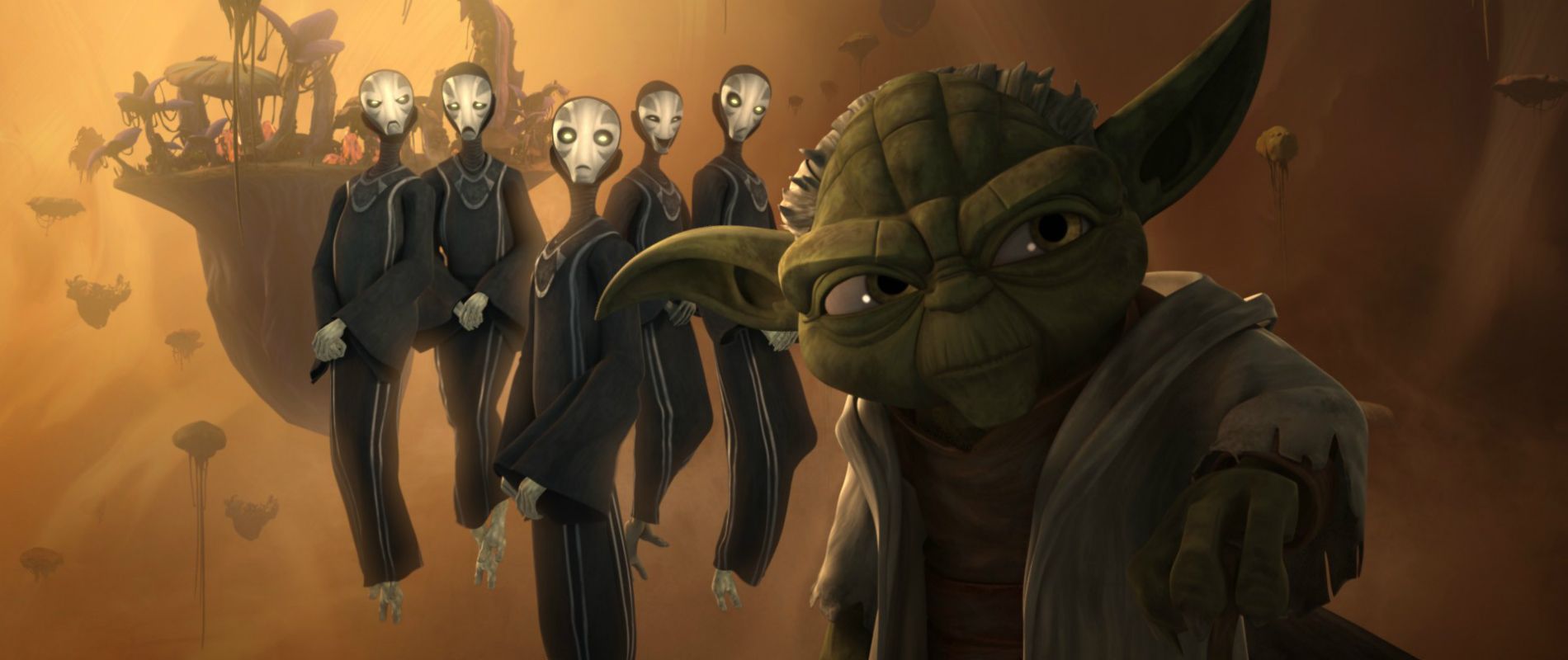 Yoda stands in front of the Five Priesteses in Star Wars: The Clone Wars
