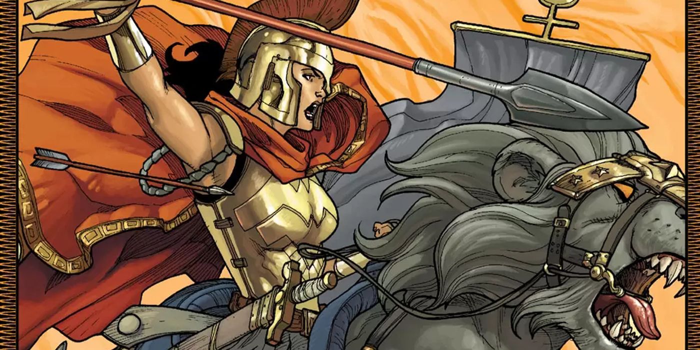 Wonder Woman riding an animal while wielding a spear