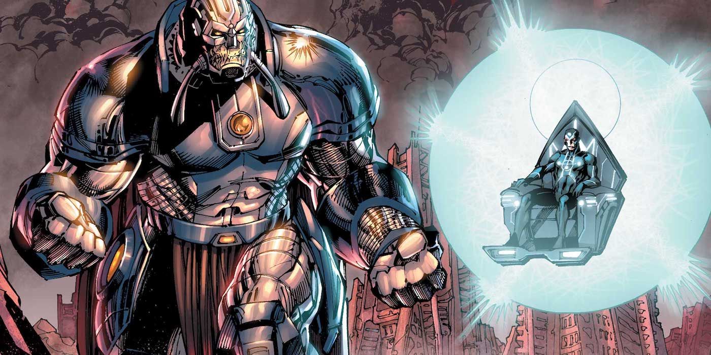 DC Comics' Anti-Monitor and Metron on a wrecked world