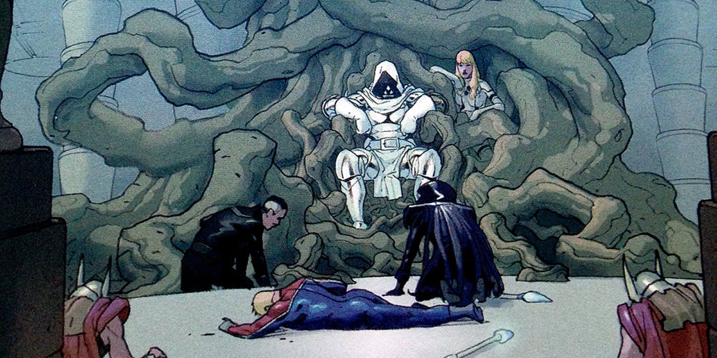 A Secret Wars panel shows Doctor Doom's subjects bowing down before him