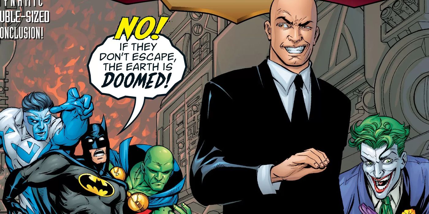 Batman prevents other heroes from attacking Lex Luthor and the Joker in DC Comics