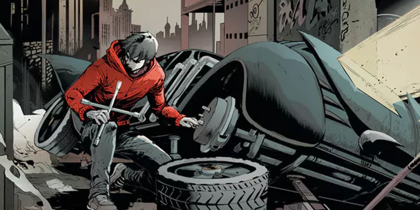Jason Todd stealing tires from the Batmobile