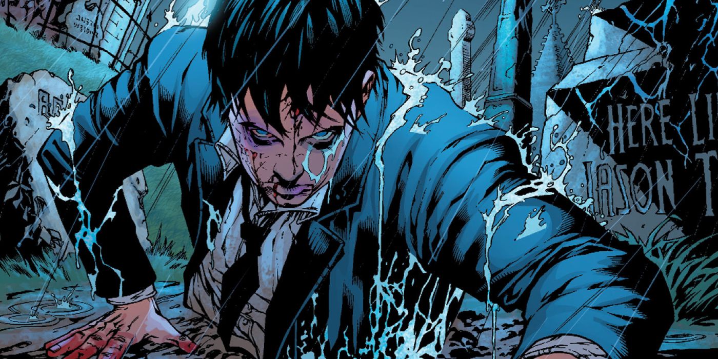An image of Jason Todd crawling out of his grave during a storm