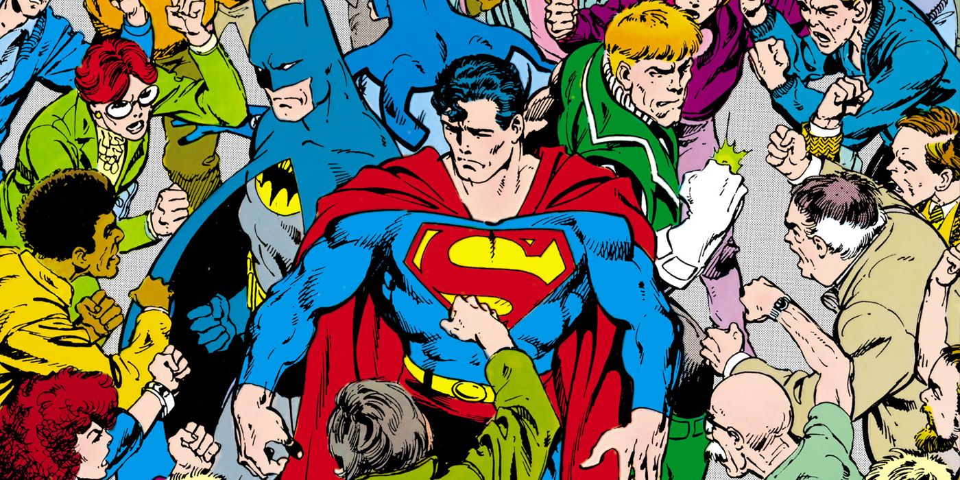 A crowd surround Batman, Superman and Guy Gardner in Legends DC