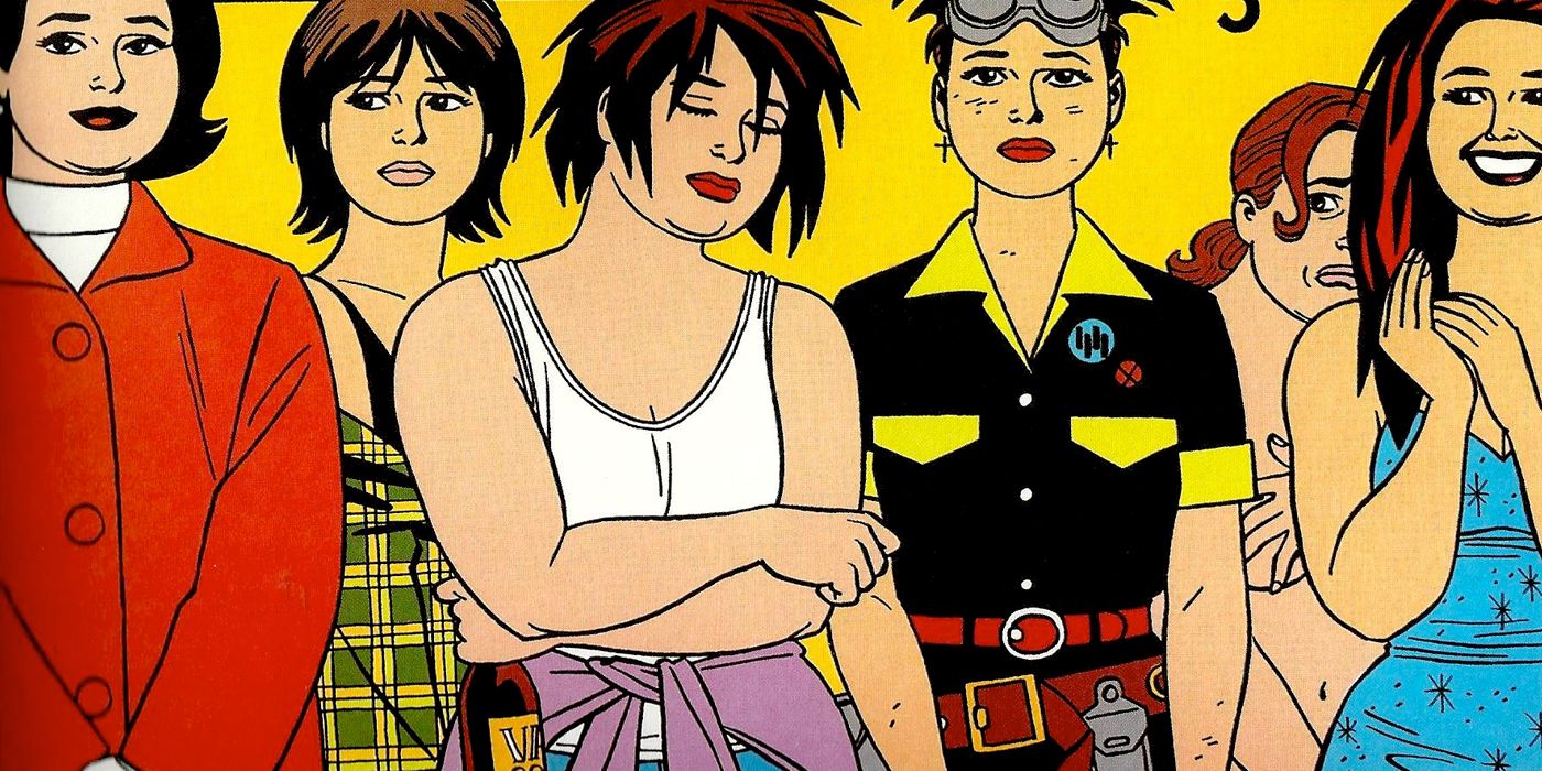 A color picture shows the Locas cast from Hernandez brothers' Love and Rockets