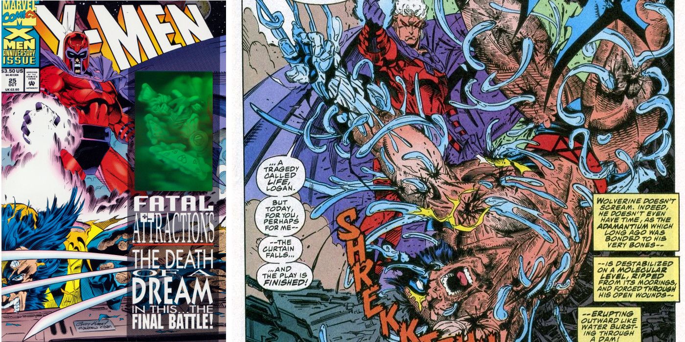 A Marvel comic panel featuring Magneto removing Wolverine's adamantium.