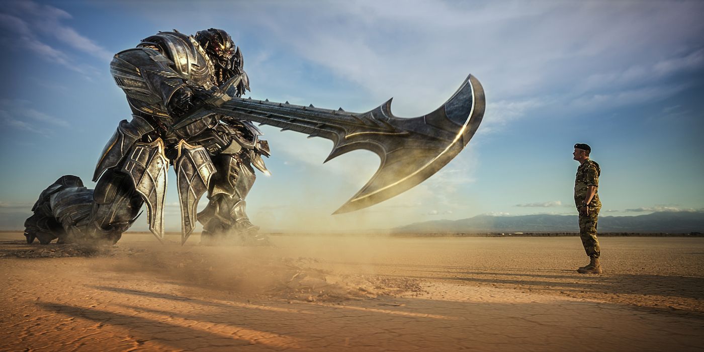 Megatron and Josh Duhamel as Lennox in a scene from, &quot;Transformers: The Last Knight.&quot; 