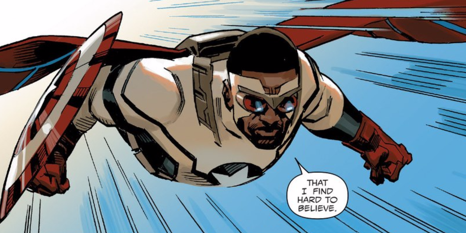 Sam Wilson as Captain America flies through the air at top speed.