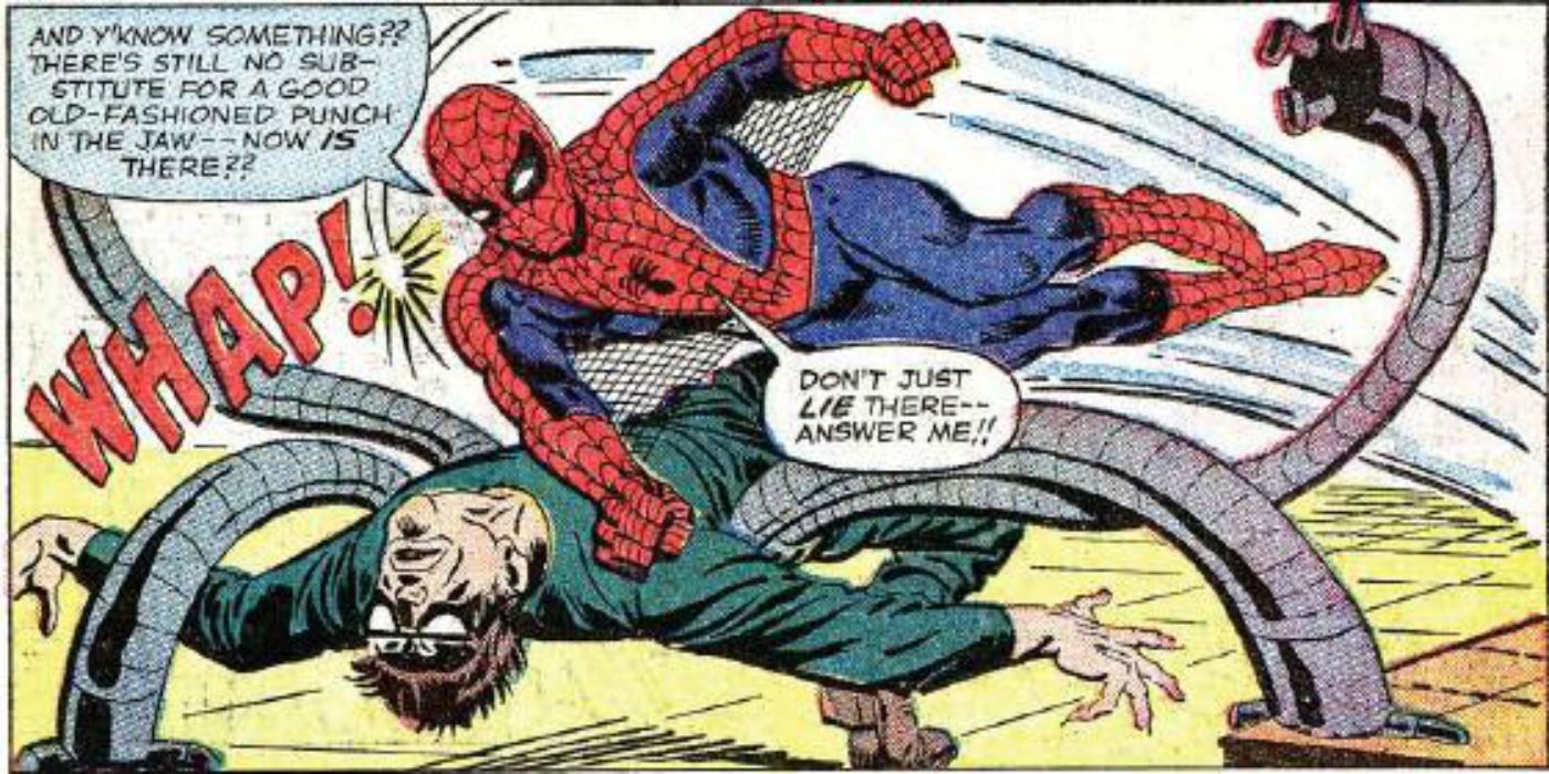 Spider-Man punching Doctor Octopus in Doc Ock's debut in Spider-Man #3 