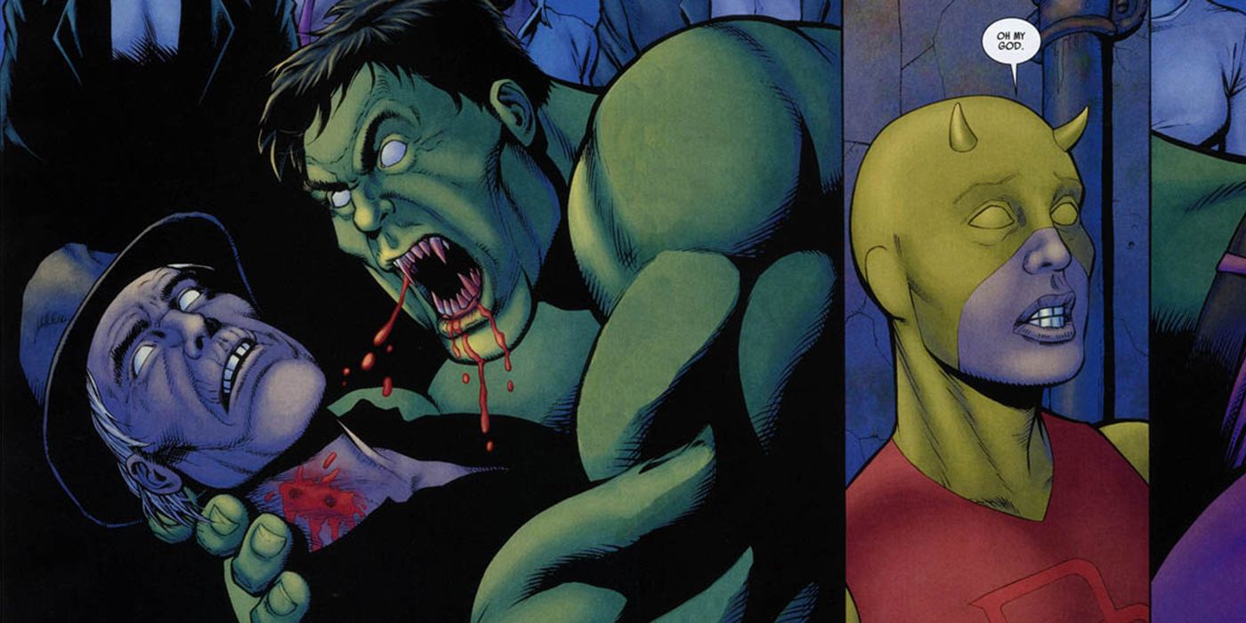 Vampire Hulk attacks a victim while Daredevil looks on in Marvel Comics