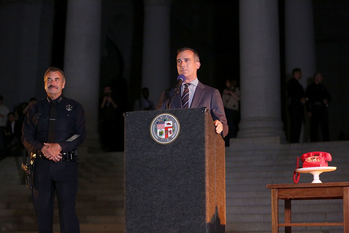 LA Police Chief Police Charlie Beck, Mayor Eric Garcetti and the Bat-Phone