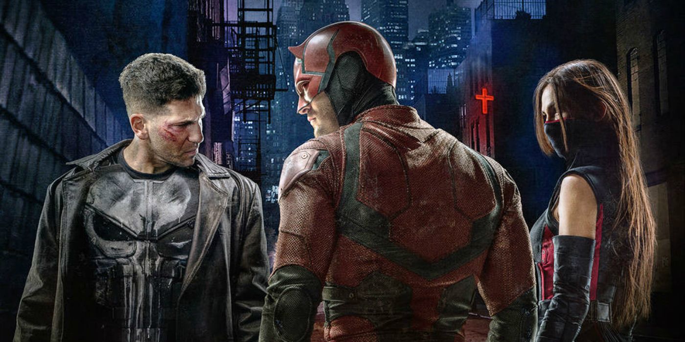 A promo image for Daredevil season 2 depicts Daredevil, Elektra, and the Punisher cautiously analyzing each other