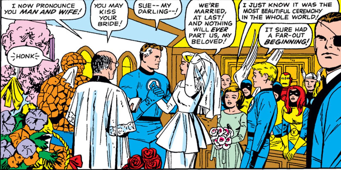 Sue Storm and Reed Richards at their wedding in Marvel Comics