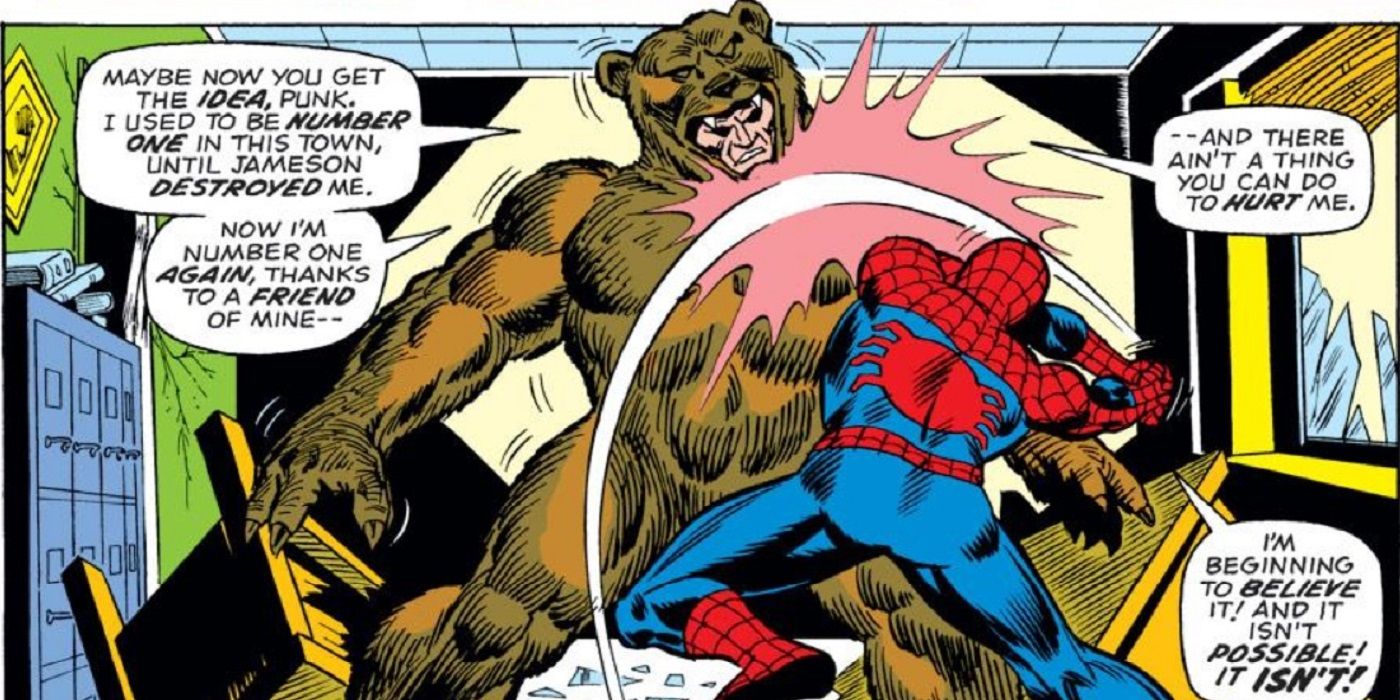 Spider-Man punches the villain, Grizzly