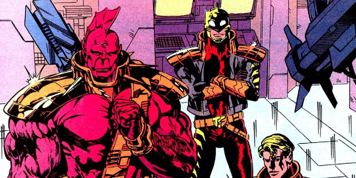 L-Ron in Despero's body working with the Justice League in DC Comics