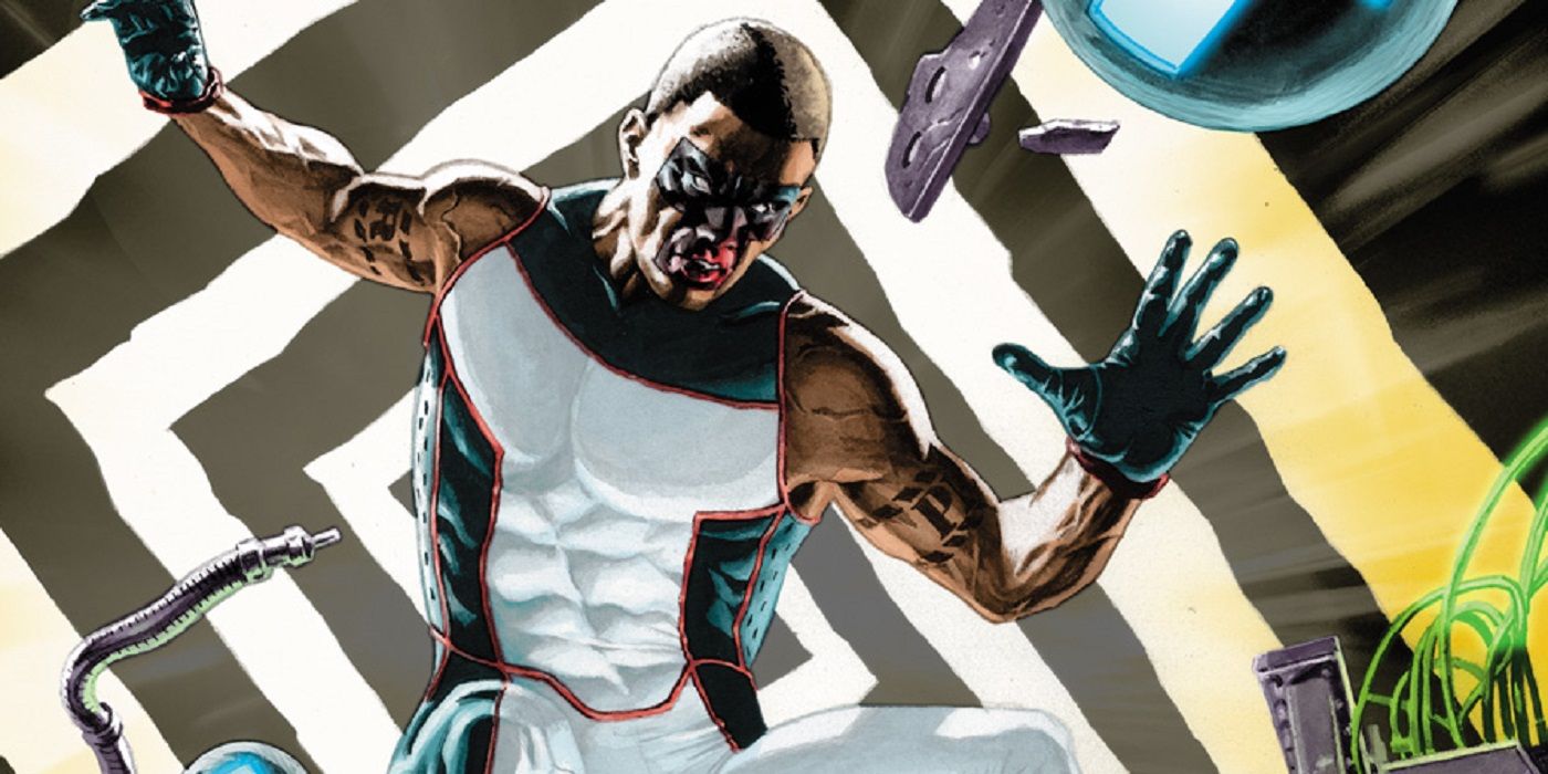 An image of Mister Terrific leaping with a warped vortex-styled background behind him