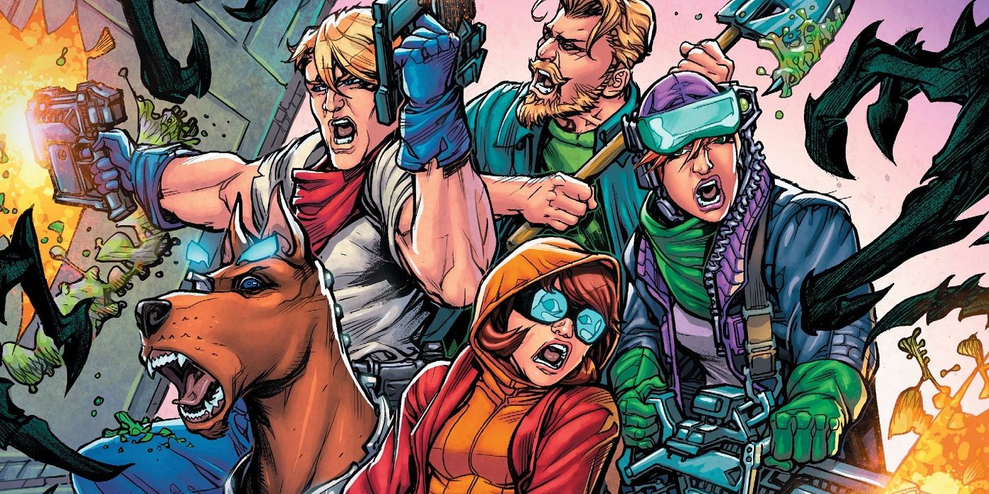 Fred, Shaggy, Daphne, Velma, and Scooby fighting zombies in Scooby Apocalypse