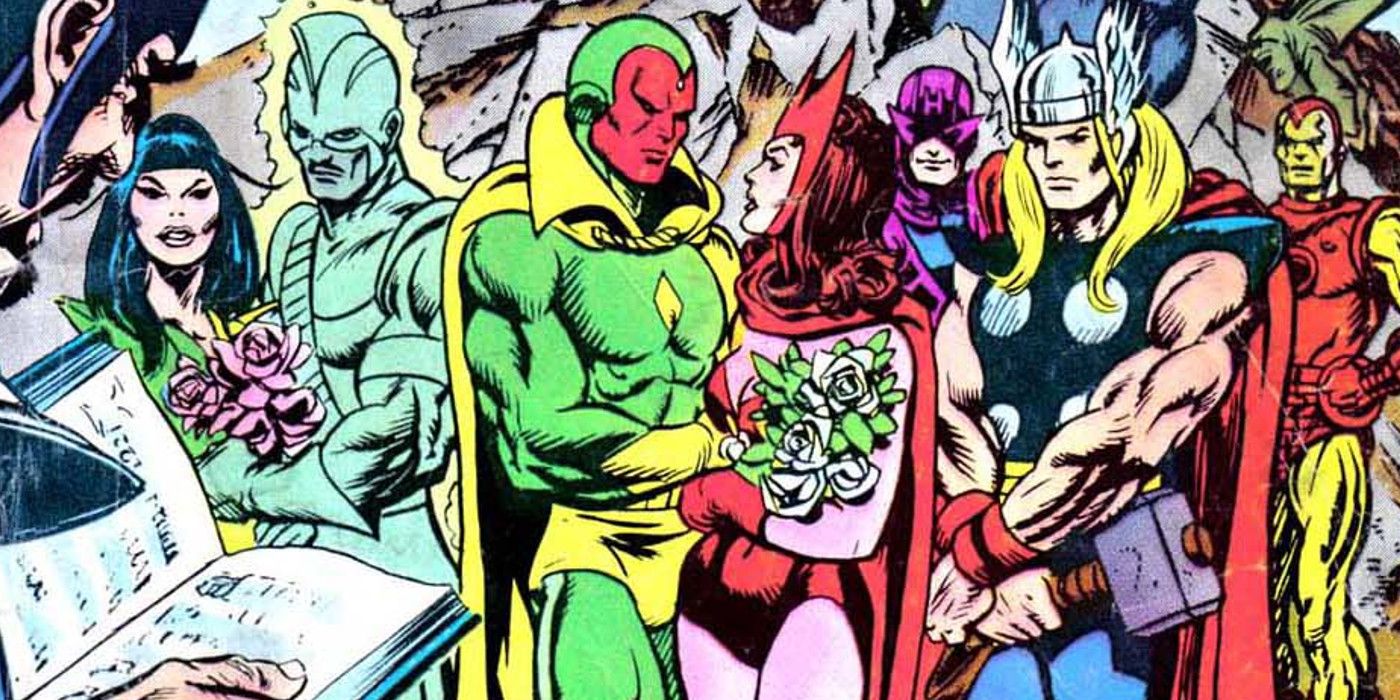 Vision and Scarlet Witch, flanked by Mantis and Swordsman on the left and Hawkeye, Thor, and Iron Man on the right, are married by Immortus