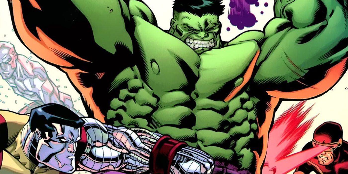 Iceman, Colossus, and Cyclops battling the Hulk from Marvel Comics' World War Hulk: X-men