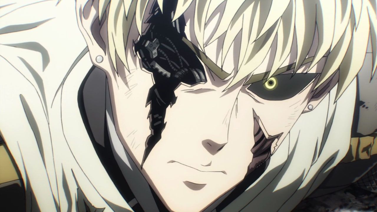 Genos from One Punch Man with an eye missing.