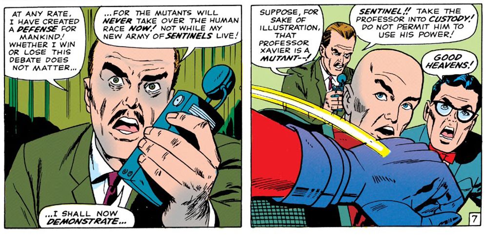 Bolivar Trask ordena que seu Sentinela derrube Charles Xavier dos X-Men.