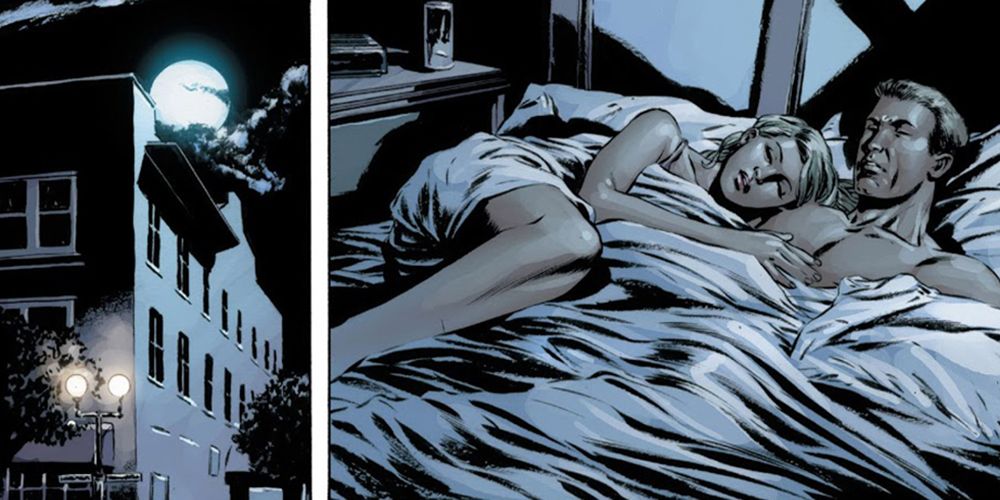 Captain America and Sharon Carter lie in bed at night in Marvel Comics