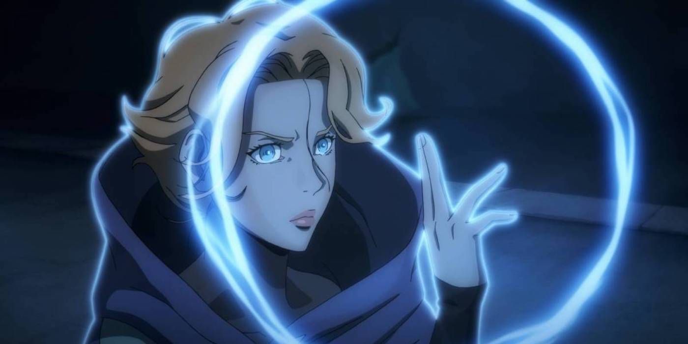 Sypha cating a spell, a glowing ring around her face