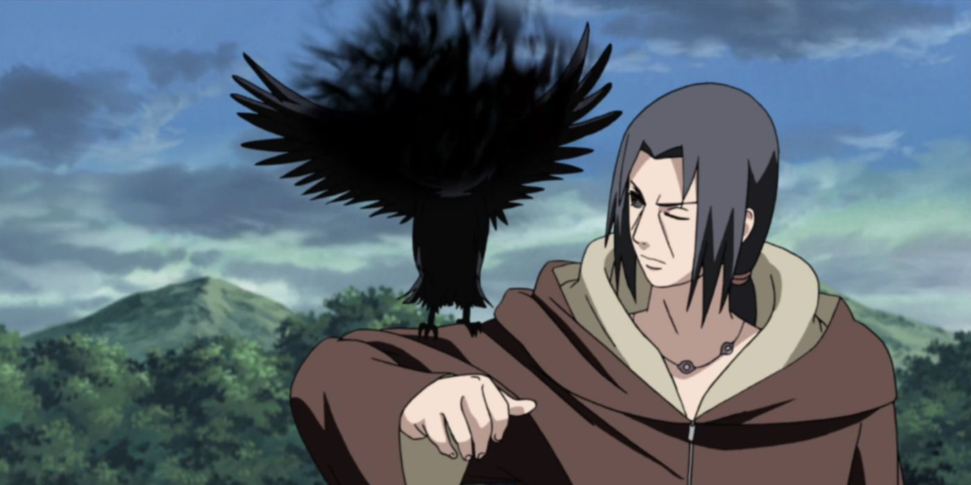 Itachi breaks himself out of kabuto's edo tensei with a black crow on his shoulder