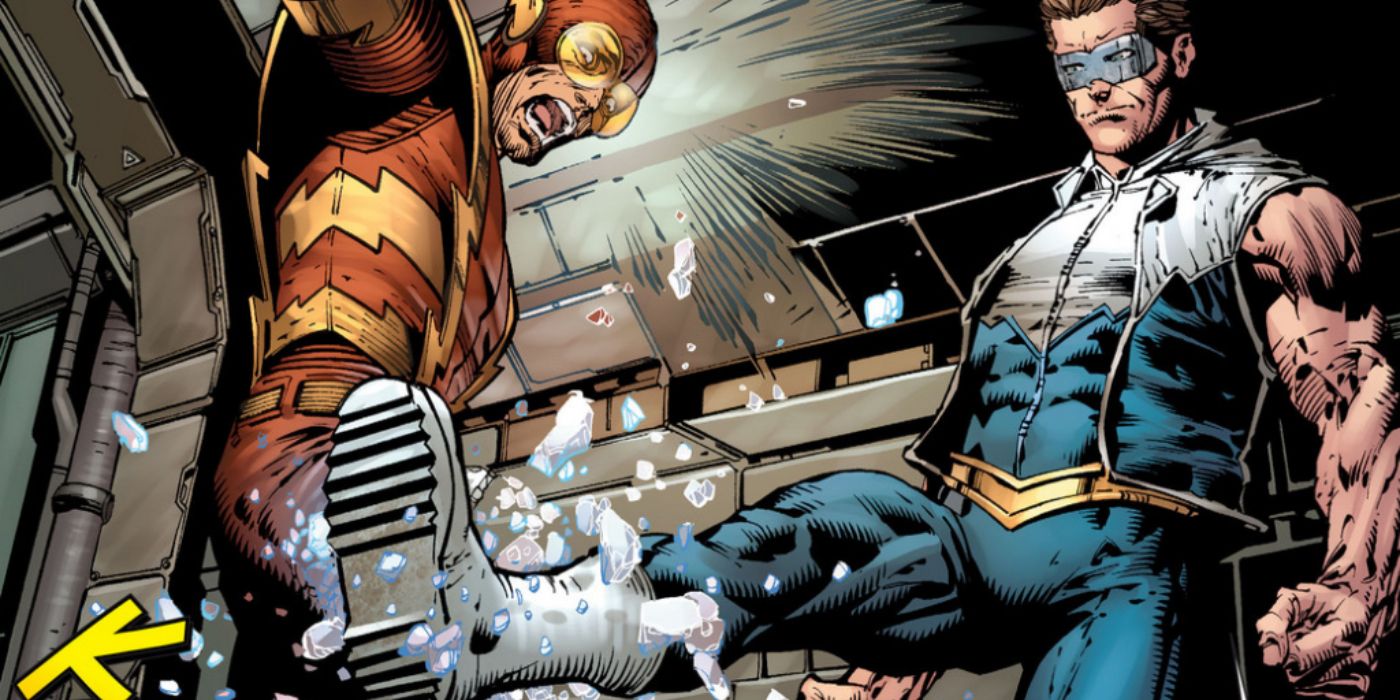 Captain Cold nonchalantly shatters the frozen leg of Johnny Quick from DC's Forever Evil.