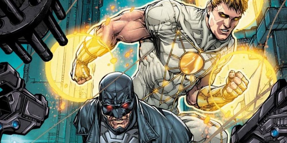 DC Comics' Midnighter and Apollo ringed by gunmen